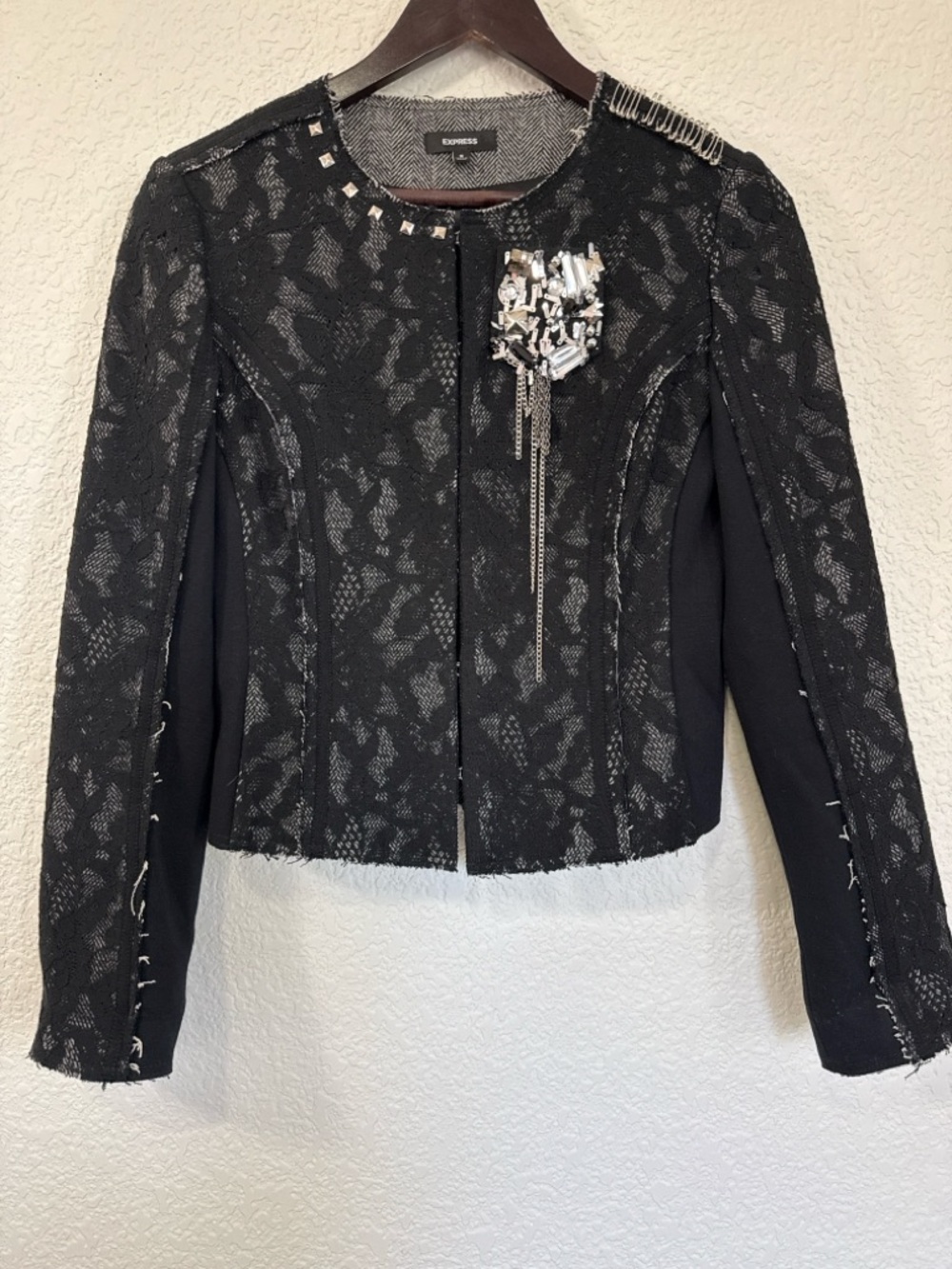 Express Lace Embellished Cropped Jacket | Black Evening Industrial | Size Small - Picture 2 of 16
